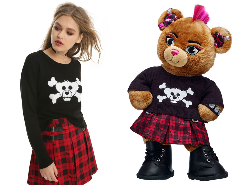 Bear Crossbones Crop Sweater and Pleated Plaid Skirt on girl and bear