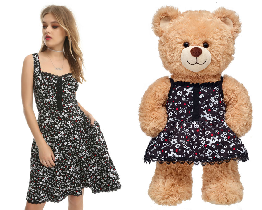 Black Floral & Bear Crossbones Print Dress