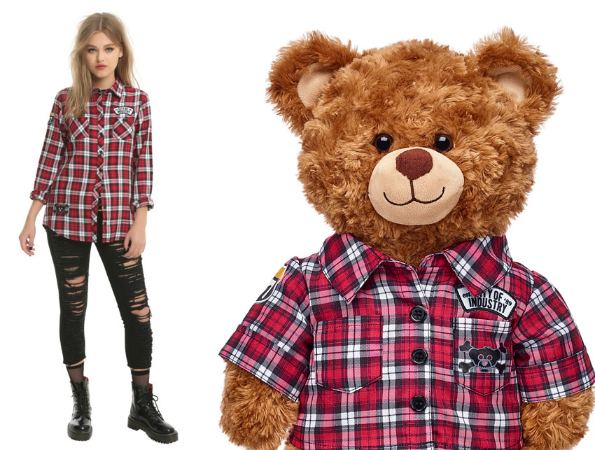 Black & Red Plaid Woven Button-Up Shirt on girl and bear