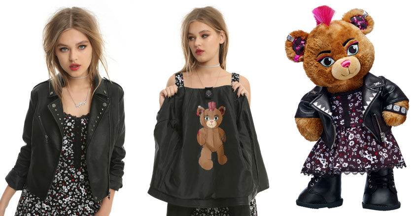 Black Faux Leather Moto Jacket with Hot Topic Bear Print Lining on girl and bear
