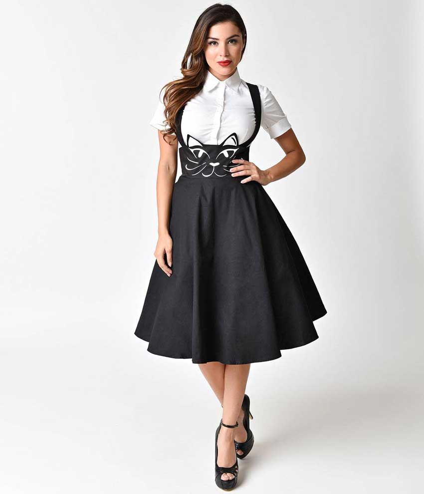 Unique Vintage 1950s Black Cat Suspender Swing Skirt