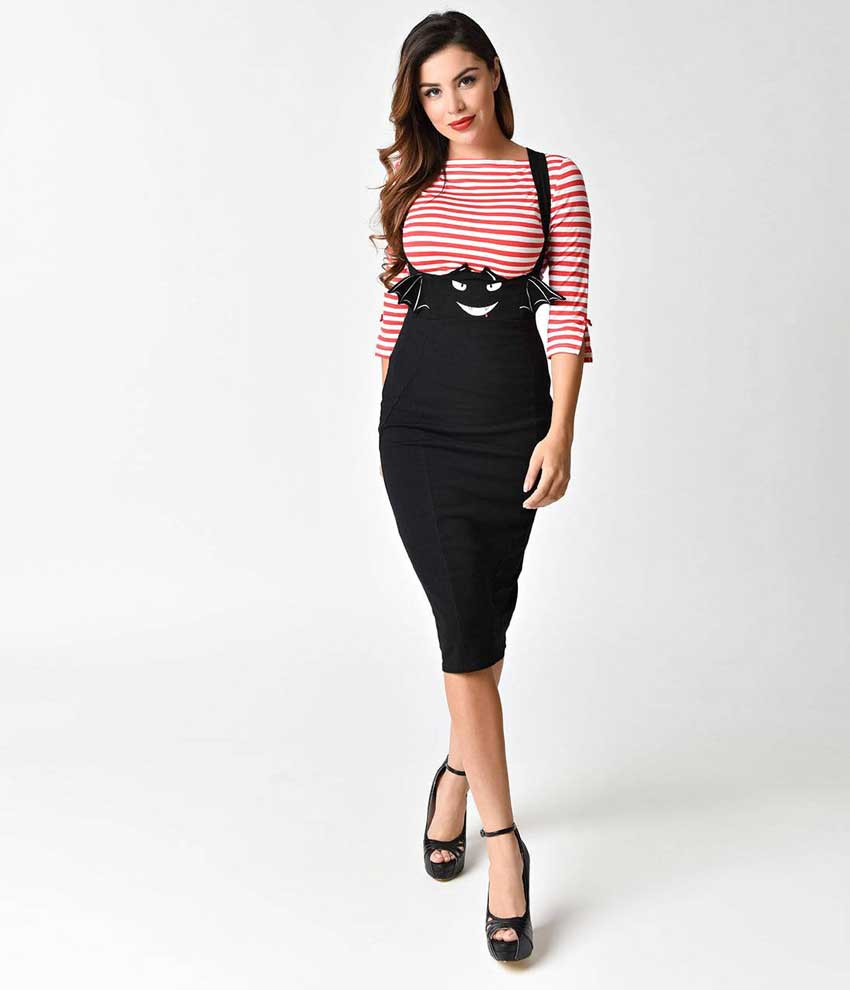 Unique Vintage 1950s Black Ivory bat Print Sabrina Suspender Pencil Skirt