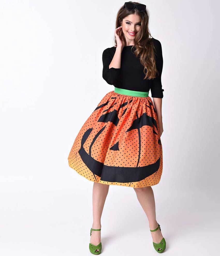 Unique Vintage 1950s Orange Pumpkin Dot High Waist Circle Swing Skirt