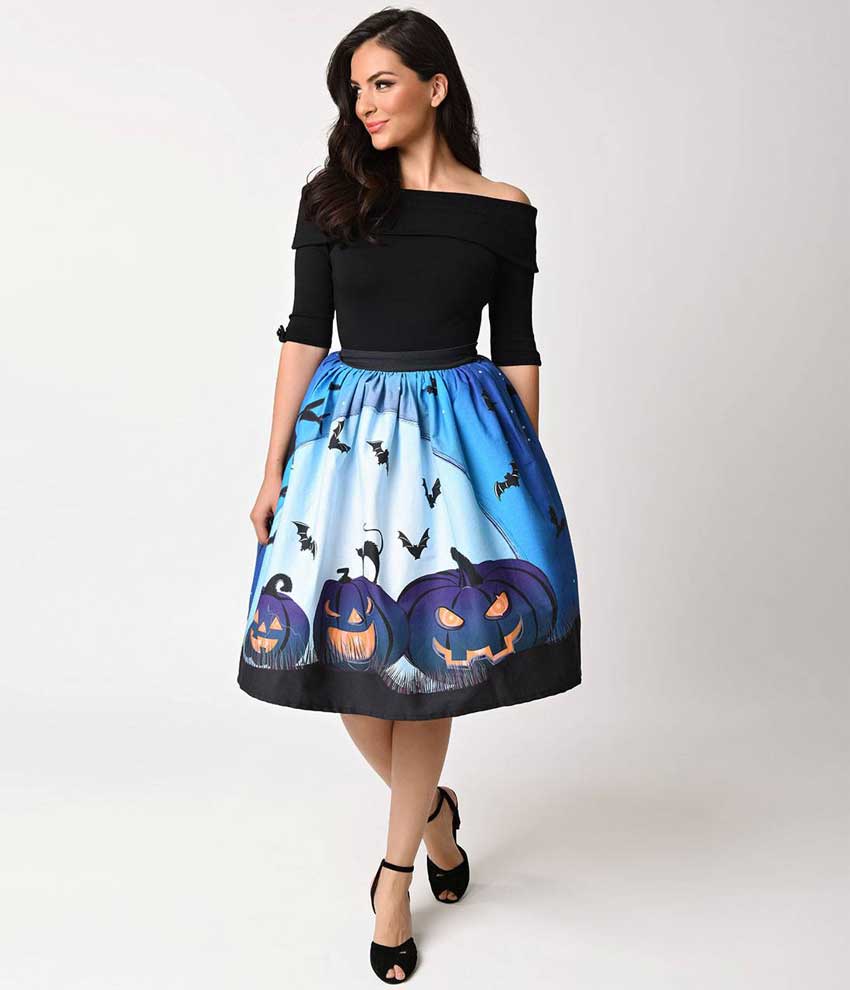 Unique vintage 1950s Style Blue Moon Pumpkins Print High Waist Circle Swing Skirt