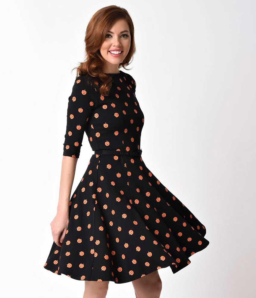 Unique Vintage Black Orange Pumpkin patch Knit Flare Dress