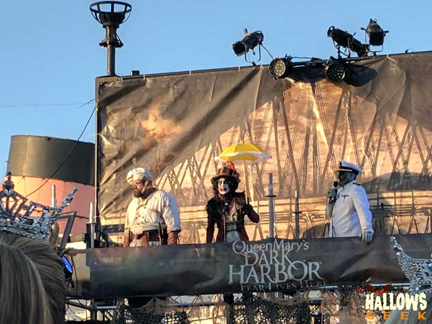 The Chef, The Ringmaster, and The Captain above the entrance to The Queen Mary's Dark Harbor