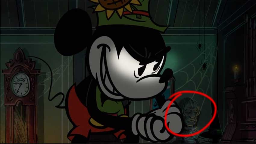 a bust from the haunted mansion can be seen behind mickey in this scene from the