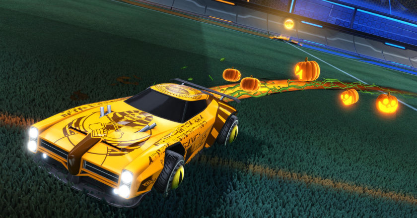 Car with a mummy skin and jack-o-lantern boost in Rocket League's "Haunted Hallows" event