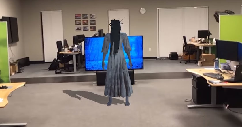 An augmented reality version of Samara from 'The Ring' after she's exited a TV