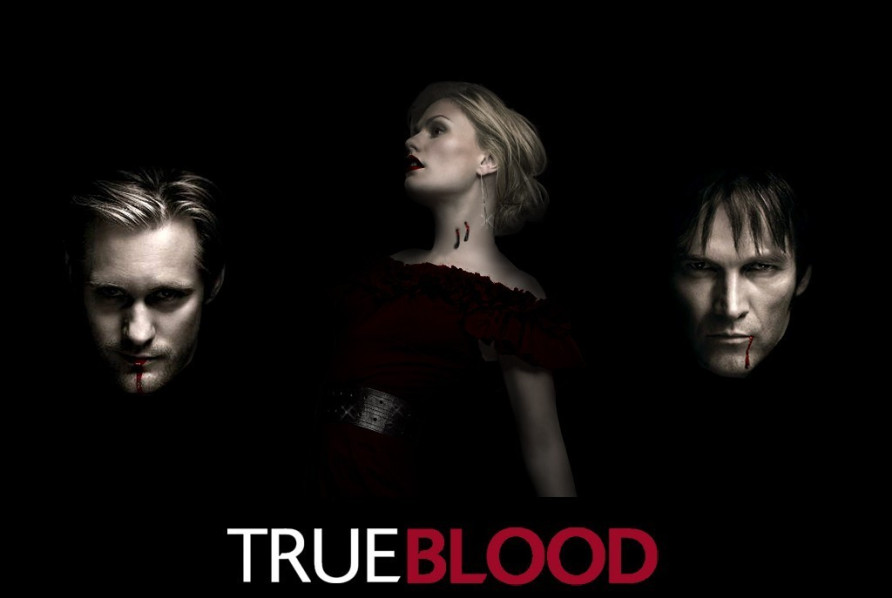 Eric, Sooki, and Bill from True Blood with the True Blood logo