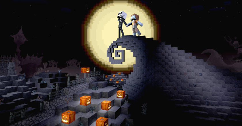 The iconic Jack and Sally hilltop scene from The Nightmare Before Christmas recreated in Minecraft