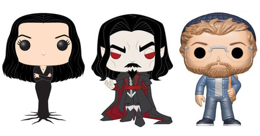 Pop! figures of Morticia Addams, Vlad Dracula Tepes, and Matt Hooper