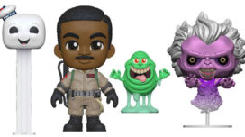 Stay Puft Marshmallow Man PEZ dispenser, Winston 5 Star figure with Slimer, and Library Ghost Pop!