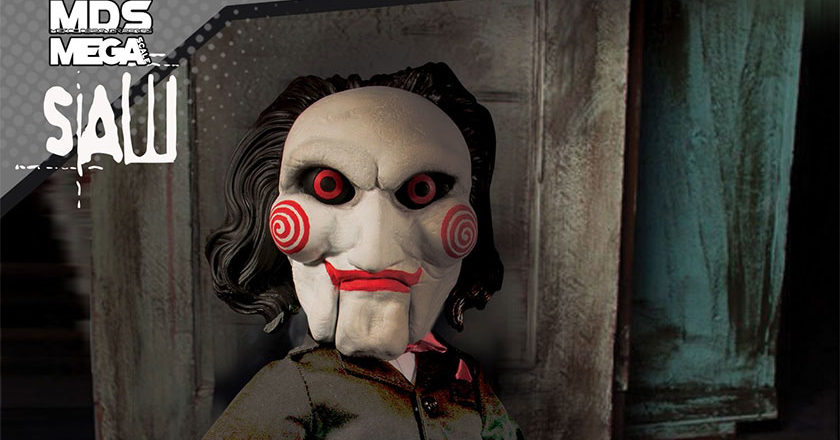 A closeup of the face of the Mezco Designer Series Mega Saw Puppet