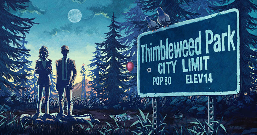 Thimbleweed Park key art featuring agent Ray and agent Reyes standing over a dead body