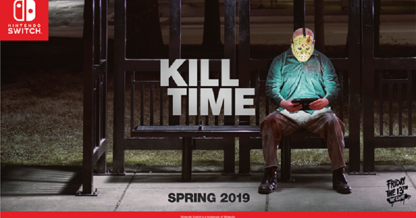 Friday the 13th: The Game Nintendo Switch release announcement image with Jason Voorhees playing on a Switch