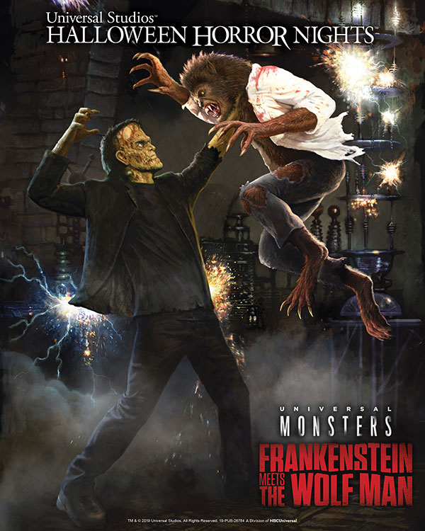 Universal Studios Halloween Horror Nights "Frankenstein Meets the Wolf Man" maze key art.