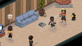 Dustin blasting Lucas with hairspray after being surprised in "Stranger Things 3: The Game"