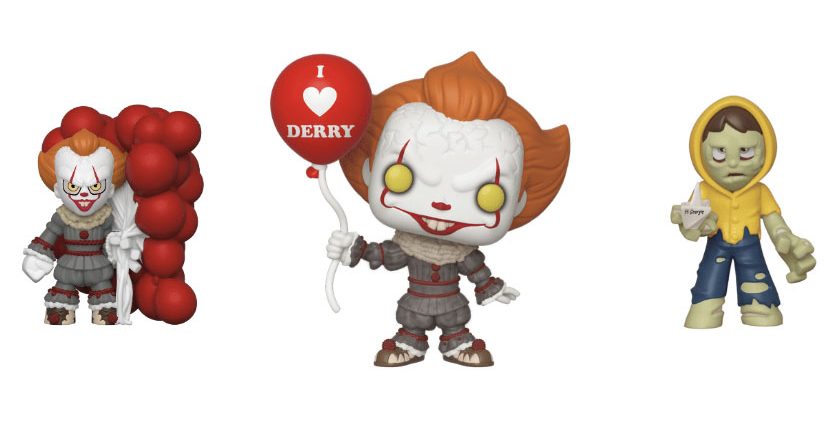 Pennywise and Georgie Mystery Minis and a Pop! Pennywise holding a balloon