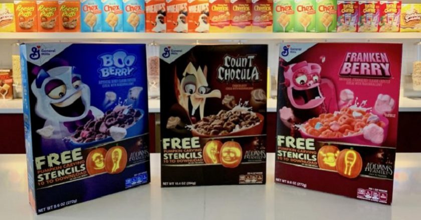 2019 boxes of Boo Berry, Count Chocula, and Franken Berry cereals