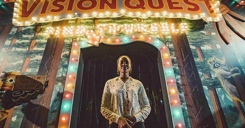 Lupita Nyong’o in front of the 'Us' maze at Universal Studios Halloween Horror Nights Hollywood