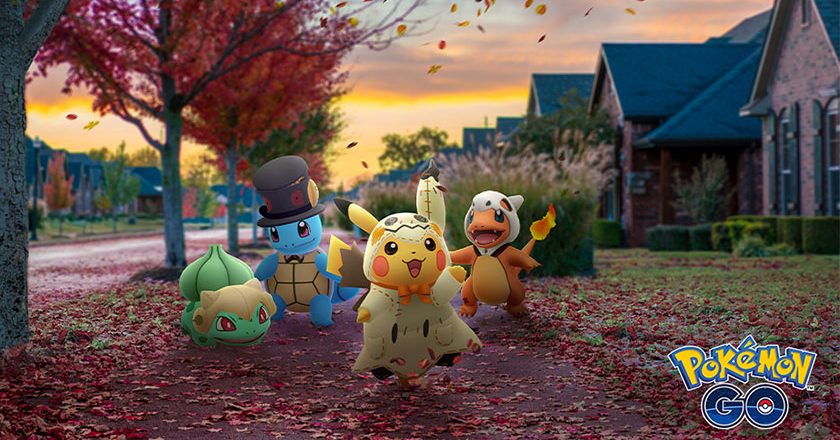 Bulbasaur, Squirtle, Pikachu and Charmander in Halloween costumes