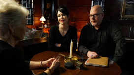 Dave Schrader and Cindy Kaza discuss their findings with Anne Keigher, the owner of the Ocean Born Mary House in Newport County, RI.