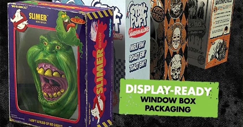 Slimer, Stay Puft Marshmallow, and Sam mini masks boxes