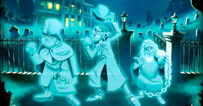 Hitchhiking ghosts from the cover art of Funko's The Haunted Mansion Call of the Spirits game