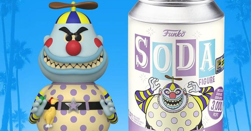 Closeup of the Clown with the Tear Away Face Funko Vinyl Soda figure and can