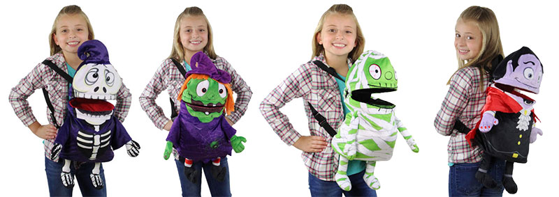 Skeleton, witch, mummy, and vampire animated treat bags