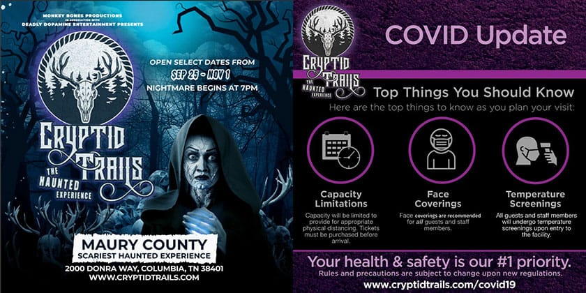 Cryptid Trails flyer with COVID Update information