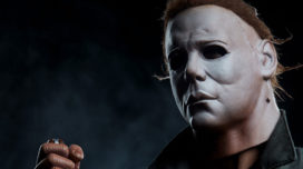 Closeup view of the face of the Sideshow Collectibles 1:4 scale Michael Myers statue