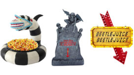 Sandworm candy bowl, Beeteljuice tombstone, and Beetlejuice marquee