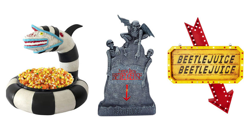 Sandworm candy bowl, Beeteljuice tombstone, and Beetlejuice marquee