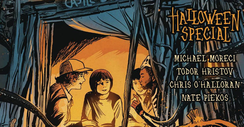 Closeup of Dustin, Will, Mike and Lucas on the cover of the Stranger Things Halloween Special comic