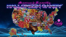 Map highlighting the favorite Halloween candies in each of the 50 states.
