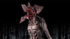 The face of the "Stranger Things" Demogorgon static prop from Spirit Halloween