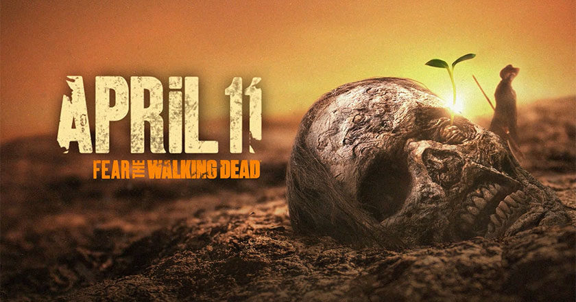 Fear the Walking Dead season six teaser image featuring a zombie head with a plant growing out of its eye.