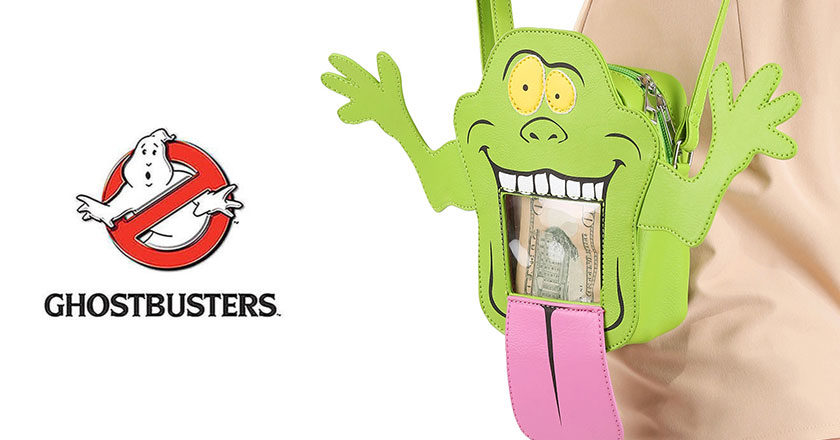 Ghostbusters logo and a closeup of a Slimer windowed mini-tote.