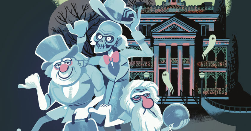 The Haunted Mansion Little Golden Book cover art featuring the hitchhiking ghosts.