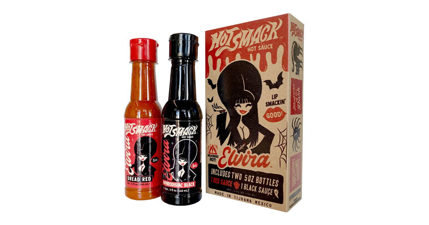 Dread Red and Aphrodisiac Black Elvira Hot Sauces with their collectible box.
