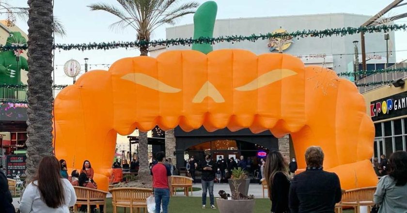 Inflatable Jack o' Lantern arch at Halloween Town at the GardenWalk