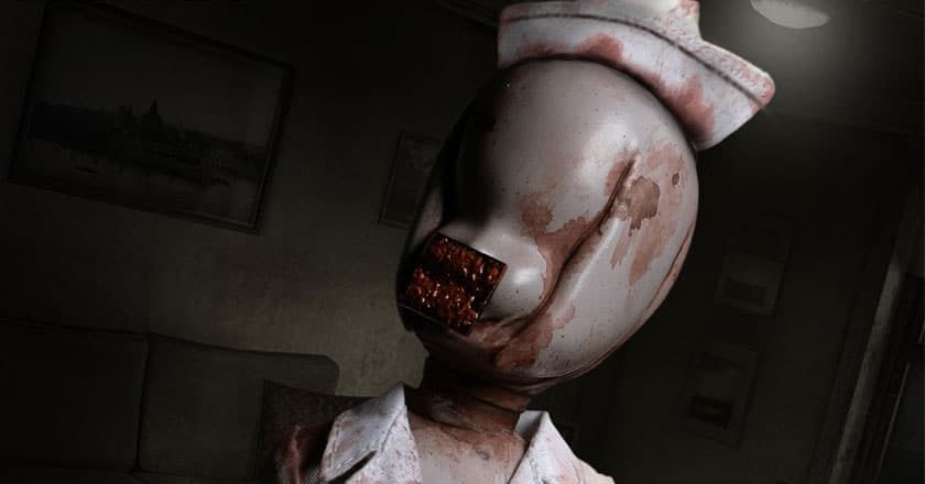 Closeup of the face of the LDD Presents Silent Hill 2: Bubble Head Nurse