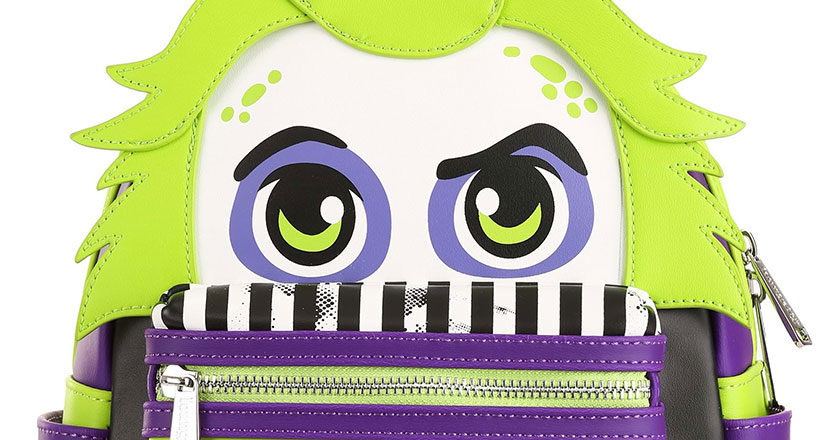 Closeup of the face on the Loungefly Beetlejuice mini backpack