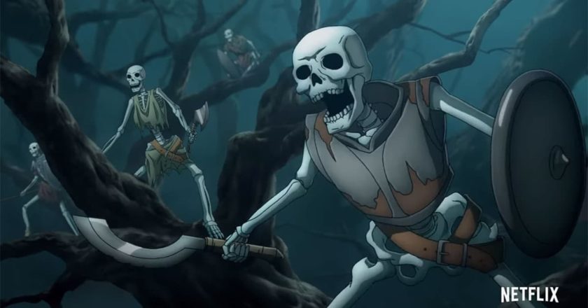 Skeleton warriors line the trees in a scene from season 4 of Castlevania