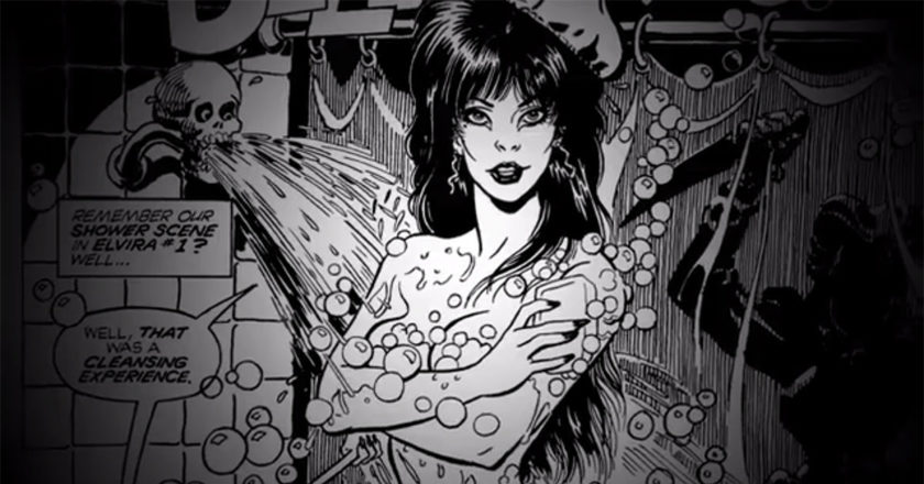 Cell from a classic Elvira comic featuring Elvira in the shower.