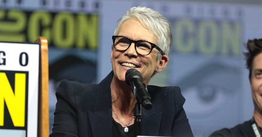 Jamie lee Curtis speaking at the 2018 San Diego Comic Con Halloween panel.