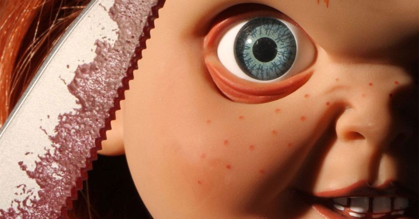Closeup of the face on Mezco Toyz's Talking Sneering Chucky doll