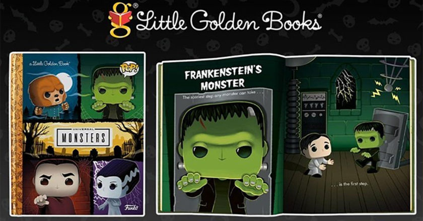 Funko's Universal Monsters Little Golden Book cover and a preview page featuring Frankenstein's Monster